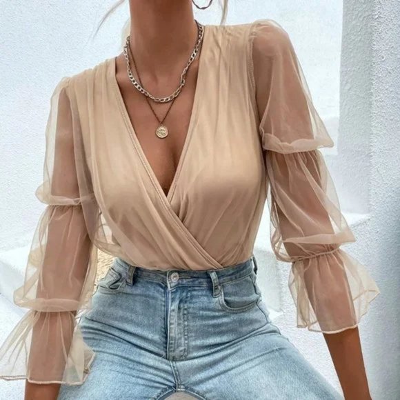 Mesh Gathered Flounce Sleeve Bodysuit - r - Picture 2 of 4